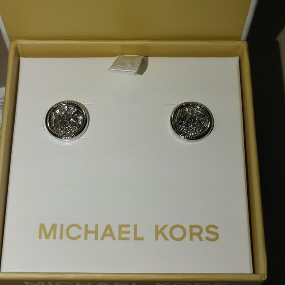 Michael Kors MK Logo Design Stud Kors Earrings In Original Box Silver tone - Picture 9 of 13